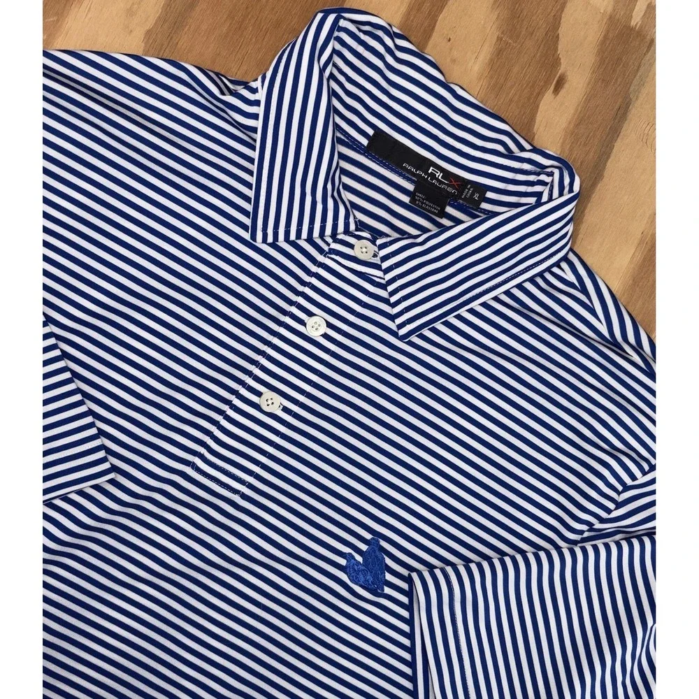 RLX Ralph Lauren Golf Polo Mens XL Royal Blue Striped Embroidered Birds Logo
